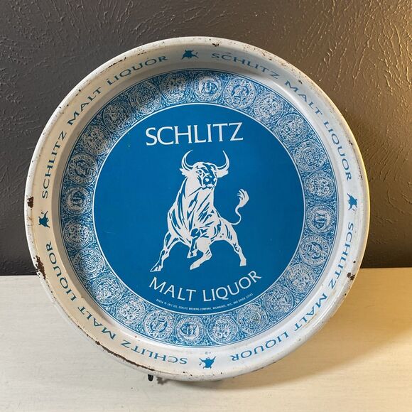 Vintage 1971 Schlitz Malt Liquor Beer Metal Serving Tray Milwaukee Wi Bull Logo - Picture 1 of 4